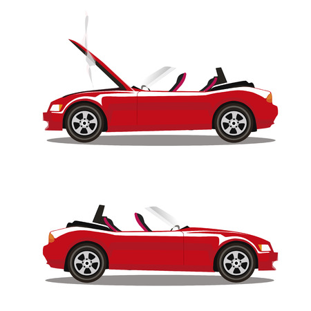Vector set of broken red luxury cabriolet sport cartoon car with opened hood covered with smoke. Car crash before and after. Clip art illustration isolated on white background.のイラスト素材