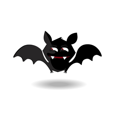 Halloween clip art character of happy flittermouse for kids party holiday greeting card, invitation and posters design. Cute flying cartoon bat with fangs and red eyes isolated on white background.のイラスト素材