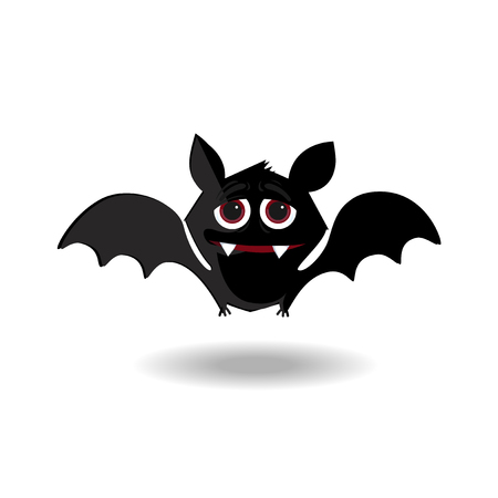Halloween clip art character of happy flittermouse for kids party holiday greeting card, invitation and posters design. Cute flying cartoon bat with fangs and red eyes isolated on white background.のイラスト素材