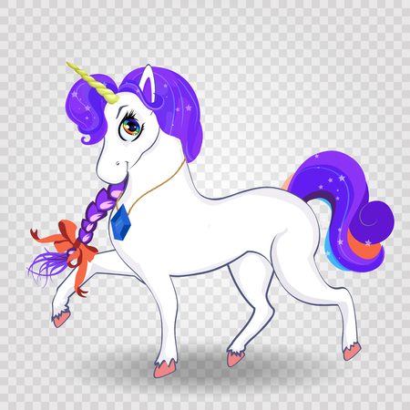 Beautiful cartoon walking unicorn with purple braid and ribbon on hair isolated on transparent background. Cute baby vector magician character illustration for design, t-shirt print, sticker, clip artのイラスト素材