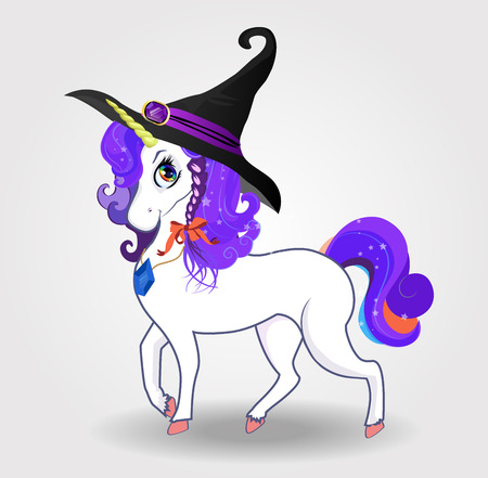 Halloween vector illustration of cute cartoon magical unicorn character with purple hair in witch hat on white background. Design for children, t-shirt print, clip art, greeting card, party invitationのイラスト素材