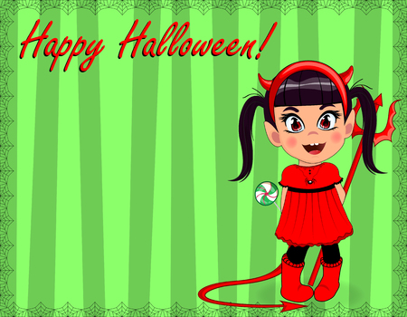 Vector cartoon illustration of little cute naughty baby girl in red devil imp costume framed with spiderweb on green striped background. Happy Halloween greeting card template with copy space.のイラスト素材