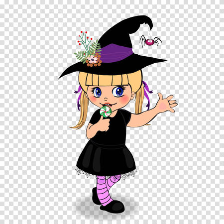 Happy Halloween cartoon character of little cute baby girl in witch dress costume and hat rising hand up framed with cobweb on transparent background. Vector illustration, clip art for design.のイラスト素材