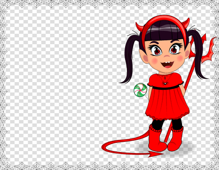 Vector illustration of little cute naughty baby girl in red devil imp costume framed with spider web isolated on transparent background. Halloween invitation, greeting card template with copy space.のイラスト素材