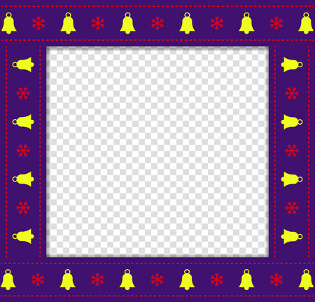 Cute Christmas or new year square border, photo frame with bells and snowflakes pattern isolated on transparent background. Vector illustration, photoframe, scrapbook clip art template with copy spaceのイラスト素材