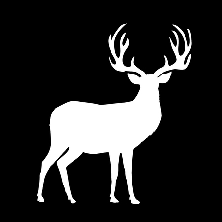 White silhouette of reindeer with big horns isolated on black background. Vector illustration, icon, sign, symbol of deer.のイラスト素材