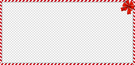 Christmas, new year rectangle candy cane frame with red and white striped lollipop pattern and festive bow isolated on transparent background. Holiday xmas border. Vector illustration, template.のイラスト素材