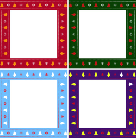 Cute Christmas or new year multiciolored border set with xmas bells and snowflakes pattern on white background. Vector illustration, square scrapbook templates, photo frames with empty copy space.のイラスト素材