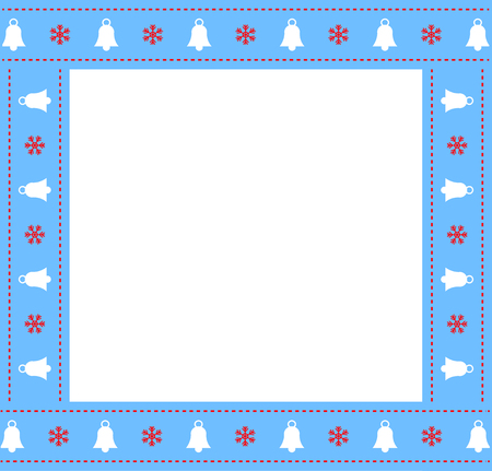 Cute Christmas or new year blue border with xmas bells and snowflakes pattern isolated on white background. Vector illustration, square template, photo frame, scrapbooking with empty copy space.のイラスト素材