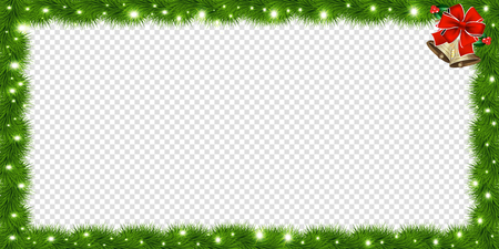 Realistic vector fir-tree rectangle border, frame with red bow and bells isolated on transparent background. Template with christmas tree branches and empty copy space for text. New year photo frame.のイラスト素材