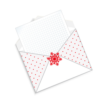 Cute cartoon open envelope with clear paper sheet inside and snowflake ornament isolated on white background. Festive winter icon, clip art for christmas, new year, valentine greeting card design.のイラスト素材