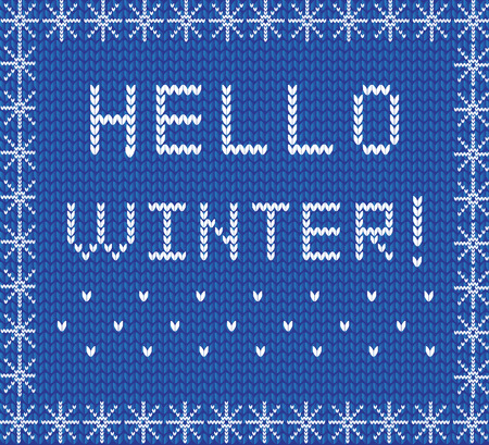 Hello winter white knit lettering typography on blue knitted textile background framed with snowflakes ornamental border frame. Vector illustration, greeting card, poster, banner, festive design.のイラスト素材