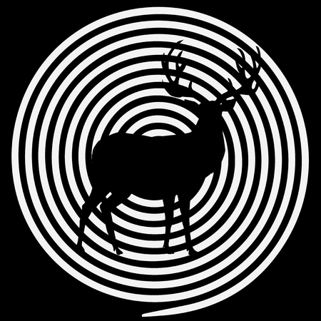 Vector black and white illustration of deer with crosshairs. Reindeer silhouette with big horns on hunting target aim background. Outdoor recreation template, hunt season concept, sign, symbolのイラスト素材