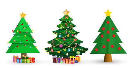Set of cute cartoon Christmas fir trees. Star decorations, balls, garlands and lots of gift boxes Isolated on white background. Vector illustration, spruce clip art, elements for greeting card designのイラスト素材