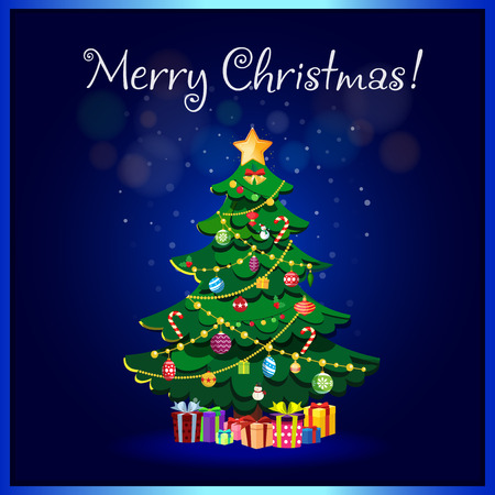 Merry Christmas greeting card of cute cartoon fir tree. Star decorations, balls, garlands and lots of present boxes on sparkling magic glowing background with festive lettering. Vector illustration.のイラスト素材