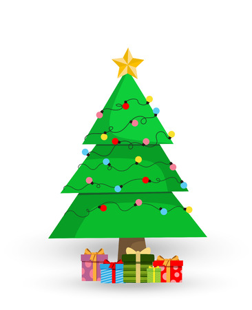 Cute cartoon decorated Christmas fir tree with many gifts and presents boxes. Star, balls, garland Isolated on white background. Vector illustration, spruce clip art, element for greeting cardのイラスト素材
