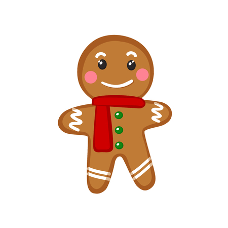 Vector illustration of cute smiling cartoon gingerbread man isolated on white background. Festive, holiday sweet christmas cookie decorated with sugar icing. Clip art for winter greeting card design.のイラスト素材
