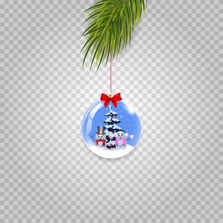 Christmas tree branch with xmas and new year ball decorated with snowmen and red bow on transparent background. Vector illustration, clip art, icon, sign, symbol, design element for greeting cardのイラスト素材
