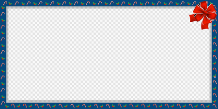 Cute Christmas or new year border with xmas candy cane and berries pattern and red bow on transparent background. Vector rectangle template, frame, scrapbooking, banner, signboard with copy space.のイラスト素材
