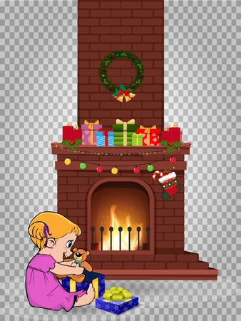 Cute little kawaii baby girl character open gift sitting near decorated christmas fire place with many presents isolated on transparent background. Vector clip art, element for greeting card designのイラスト素材
