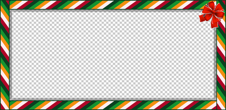 Cute Christmas or New Year border with colored striped pattern ornament and red festive bow on transparent background. Vector rectangle template, frame, banner, billboard, signboard, copy space.のイラスト素材