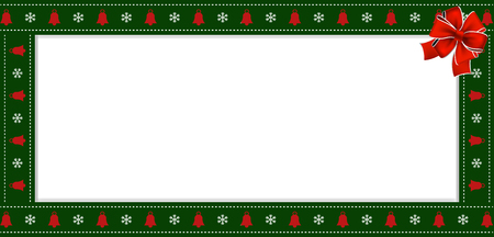 Cute Christmas or new year green border with xmas snowflakes and bells pattern ornament and red festive bow on white background. Vector rectangle template, banner, signboard, billboard with copy spaceのイラスト素材