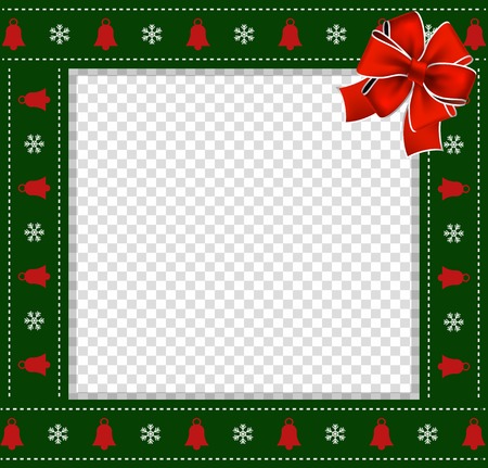Cute Christmas or new year green border with xmas snowflakes and bells pattern ornament and red festive bow on transparent background. Vector square template, photo frame, scrapbook, copy spaceのイラスト素材