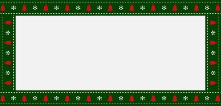 Cute Christmas or new year green border with xmas snowflakes and bells pattern ornament on white background. Vector rectangle template, banner, signboard, billboard, copy spaceのイラスト素材