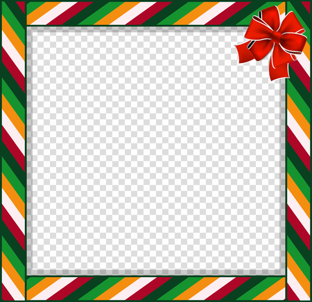 Cute Christmas or New Year border with colored striped pattern ornament and red festive bow isolated on transparent background. Vector square template, photo frame, scrapbooking element, copy space.のイラスト素材