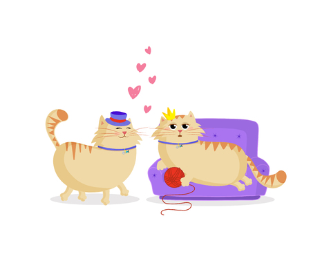 Cute cartoon cats boy and girl in love. Male cat in top hat and female princess cat on the sofa with ball and pink hearts between of them. Valentines day holliday concept clip art for greeting cardのイラスト素材