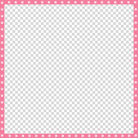 Cute square pink and white photo frame made of animal paw prints on transparent background. Vector template, border, framework, poster, banner, scrapbook, cartoon animal cats or dogs paw walking trackのイラスト素材