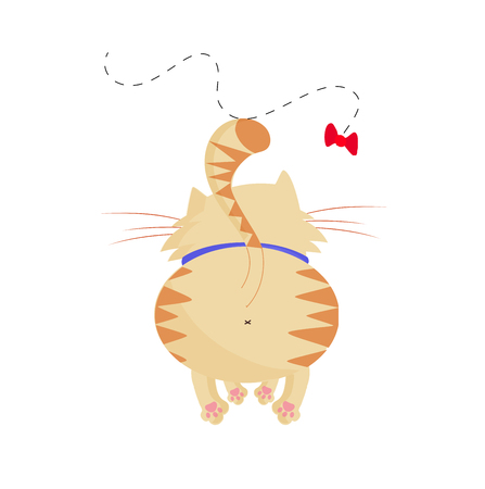 Vector illustration of cute cartoon ginger male cat boy character back side view playing with butterfly toy trying to catch it isolated on white background. Naughty cat's life routine situation.のイラスト素材