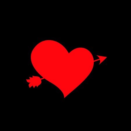 Vector illustration of red heart pierced with arrow on black background. Element of wedding icon for greeting card. Lovestruck marriage symbol in minimal flat style. Love symbol, sticker, clip artのイラスト素材