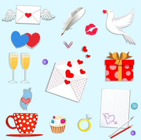 Happy valentines day cartoon icons set isolated on white background. Love Holiday. Valentine or wedding collection elements for greeting card, scrapbooking design. Vector Illustration, clip art.のイラスト素材