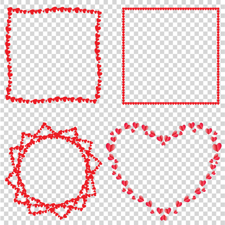 Vector set of cute red love hearts photo frames for valentines, marriage romance design. Template for greeting card, invitation, collection for scrapbook. Heart, star, twisted, square shaped borders.のイラスト素材