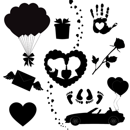 Happy valentines day black icons silhouette set isolated on white background. Love Holiday. Valentine or marriage collection elements for greeting card, scrapbook design. Vector Illustration, clip artのイラスト素材
