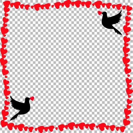 Vector retro vintage border photo frame of hearts with loving doves couple pigeons silhouette in corners. Template with copy space for Valentine day invitation, love greeting card, wedding clip artのイラスト素材