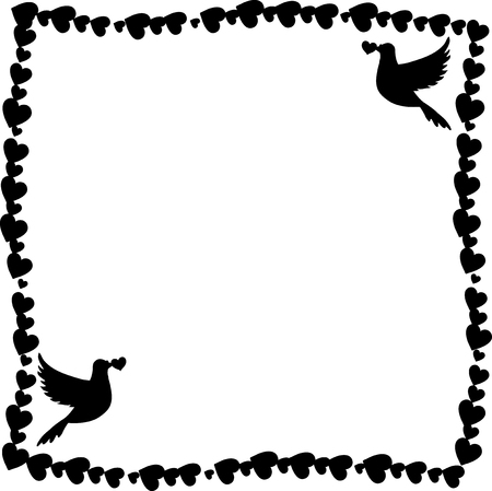 Vector black and white retro vintage border photo frame of hearts with loving doves couple pigeons silhouette in corners. Monochrome template for Valentines day invitation, scrapbooking album elementのイラスト素材
