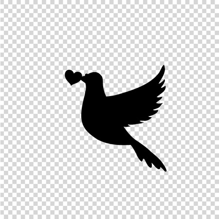 Vector black silhouette of flying pigeon with heart in beak on transparent background. Dove of peace icon. Love concept, bird sign, clip art for wedding, valentine invitation, scrapbooking elementのイラスト素材