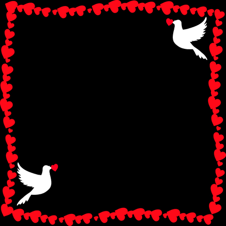 Vector retro vintage border photo frame of hearts with loving doves couple pigeons silhouette in corners. Template with copy space for Valentine day invitation, wedding greeting card, flyer, ornamentのイラスト素材