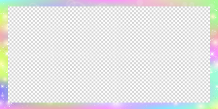 Holographic magic rectangle frame with fairy sparkles, stars and blurs. Magical border with rainbow mesh and space for text. Cute universe banner in princess unicorn colors. Fantasy gradient billboardのイラスト素材