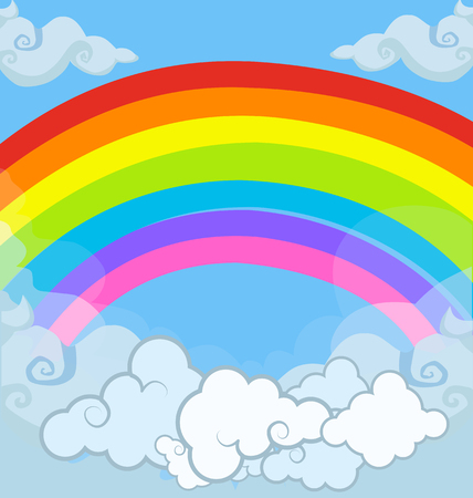 Cartoon vector multicolored kids illustration of fairytale magic landscape rainbow in cloudy sky. Abstract texture with cute clouds close up view and copyspace template. Unicorn magical backgroundのイラスト素材