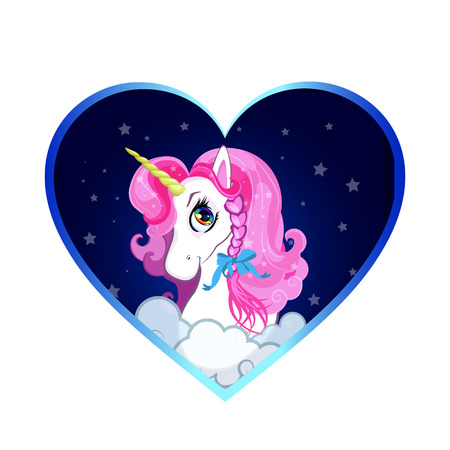 Cartoon white pony unicorn head with pink hair and bow portrait inside of night sky with cloud heart background. Vector illustration, icon, sticker, clip art for t-shirt graphic, kids clothing, printのイラスト素材