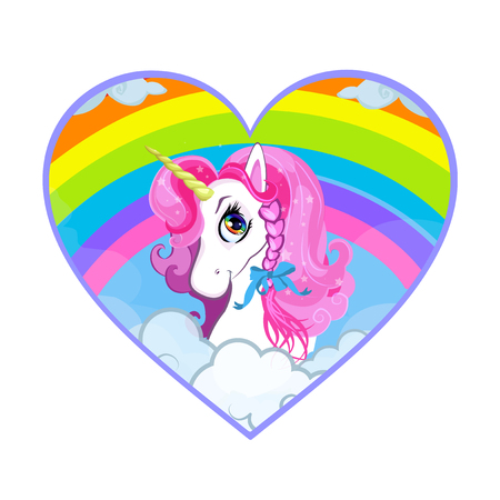 Cartoon white pony unicorn head with pink hair portrait inside of vibrant rainbow with cloud heart background. Vector illustration, icon, sticker, clip art for t-shirt graphic, kids clothing, printのイラスト素材