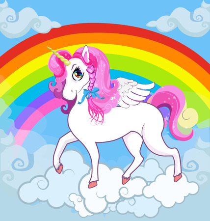 Multicolor vector cartoon kids Illustration of white pony unicorn princess character with big eyes, golden horn, feather wings, hooves on the cloud with rainbow. Long pink hair, mane, tail. Banner.のイラスト素材