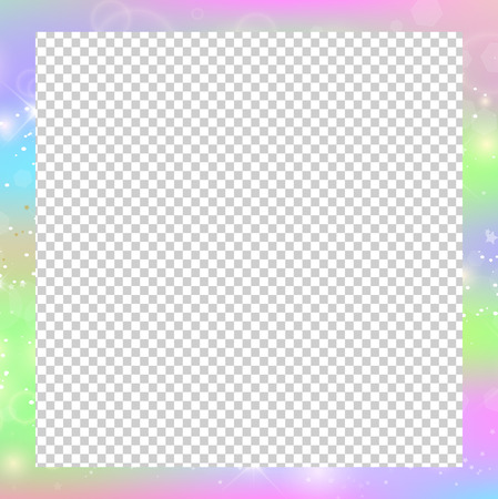 Holographic magical square frame with fairy sparkles, stars and blurs. Magic border with rainbow mesh, space for text. Cute universe template in unicorn colors. Fantasy gradient backdrop with hologramのイラスト素材
