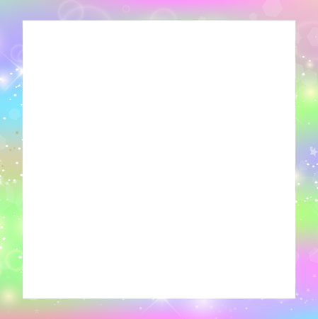 Holographic magic square frame with fairy sparkles, stars and blurs. Magical border with rainbow mesh, copy space. Cute universe banner in princess colors. Fantasy gradient backdrop with hologram.のイラスト素材