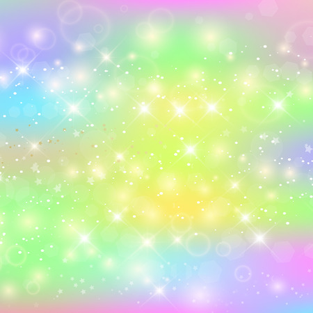 Unicorn square background with rainbow mesh. Kawaii universe banner in princess colors. Fantasy gradient backdrop with hologram. Holographic unicorn background with baby girl magic sparkles, stars and blurs.のイラスト素材