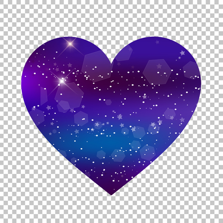 Vector fantastic galaxy heart isolated on transparent background. Purple neon magic icon, night starry sky love symbol for valentines greeting card, wedding invitation. Magical light effect clip art.のイラスト素材