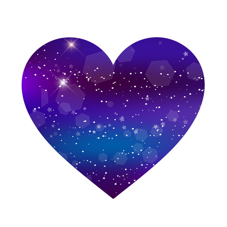 Vector fantastic galaxy heart isolated on white background. Purple neon magic icon, night starry sky love symbol for valentine greeting card, wedding postcard. Magical light effect clip art.のイラスト素材